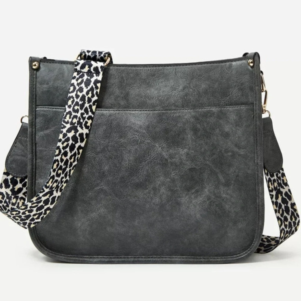 Gray Vegan Leather Messenger Tote Bag With Leopard Strap NWT
